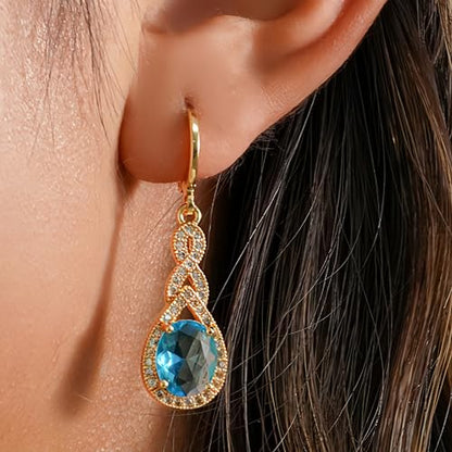 18K Gold Plated Flower Dangle Earrings for Women, Hypoallergenic Cubic Zirconia Earrings, Elegant CZ Drop Earrings, Statement Jewelry Gifts Party Fashion - style: OBS0470-Blue