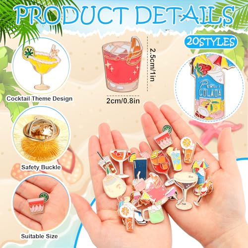 Quelay 20 Pcs Cocktail Enamel Pin Classic Cute Lapel Pin Set Beach Brooch Badges Jewelry for Bartender Aprons, Jackets, Backpacks and Purses, Shirt and Suit Lapels