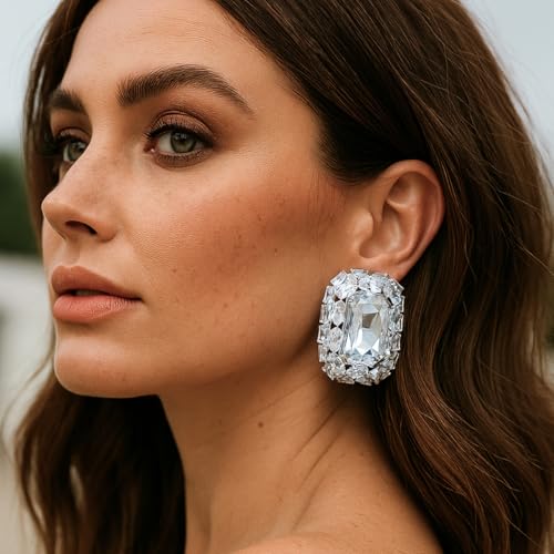 Silver Earrings for Women - Sparkly Crystal Clip On Earrings Statement Rhinestone Wedding Earring for Non Pierced Trendy Formal Prom Jewelry Gift - color: Silver 3