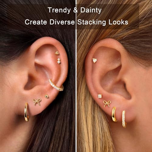 M MOOHAM 9 Pairs Flat Back Earring Stack Set for Women Teen Girls | Hypoallergenic Earrings, 14K Gold Plated Huggie Hoop Stud Earring, Small Cute Bow Cartilage Earrings, Trendy Jewelry Gifts - color: 14K Gold Plated