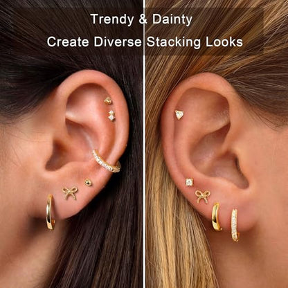M MOOHAM 9 Pairs Flat Back Earring Stack Set for Women Teen Girls | Hypoallergenic Earrings, 14K Gold Plated Huggie Hoop Stud Earring, Small Cute Bow Cartilage Earrings, Trendy Jewelry Gifts - color: 14K Gold Plated
