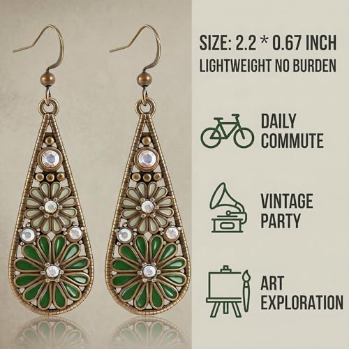 Bohemian Crystal Teardrop Dangle Earrings, Copper, Tribal Geometric Design, Handmade National Style for Women - color: Green