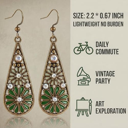 Bohemian Crystal Teardrop Dangle Earrings, Copper, Tribal Geometric Design, Handmade National Style for Women - color: Green