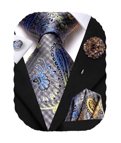 Hi-Tie Men's Silk Ties Formal Woven Classic Necktie Pocket Square Cufflinks Lapel Pin Set Wedding Business - color: A Grey and Blue