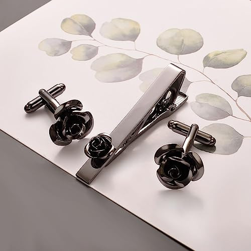Pearl Rose Tie Clip Cufflinks Set for Men Gold Silver Gun-black Cufflinks and Tie Clip Groom Wedding Business Jewelry - style: Rose Set-Black