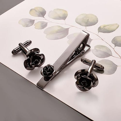 Pearl Rose Tie Clip Cufflinks Set for Men Gold Silver Gun-black Cufflinks and Tie Clip Groom Wedding Business Jewelry - style: Rose Set-Black