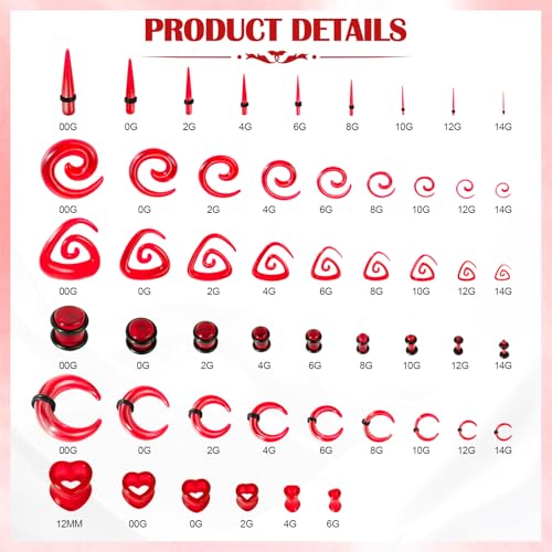 54/102Pcs Ear Stretching Kit 14G-00G Acrylic Ear Gauge Stretching Kit with Heart Plugs Gauge Tapers Ear Tunnels Horseshoes Taper Spiral Tapers Gauges Ear Expanders for Men Women - color: Red