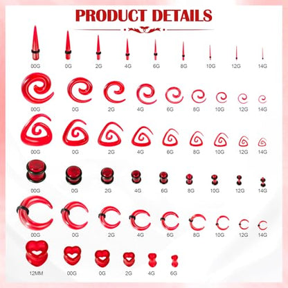 54/102Pcs Ear Stretching Kit 14G-00G Acrylic Ear Gauge Stretching Kit with Heart Plugs Gauge Tapers Ear Tunnels Horseshoes Taper Spiral Tapers Gauges Ear Expanders for Men Women - color: Red