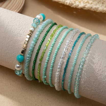 Bohemian Colorful Crystal Glass Beads Seed Beaded Bracelet Handmade Adjustable Stackable Elastic Strand Bangle for Women Summer Beach Hawaii Boho Wristbands Jewelry - color: blue