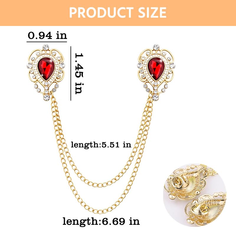 Teardrop Rhinestone Brooch Mens Lapel Pins for Shirt Collar Hanging Chain Brooch Suit Pin Crystal Rhinestone Lapel Pins for Men - color: Red