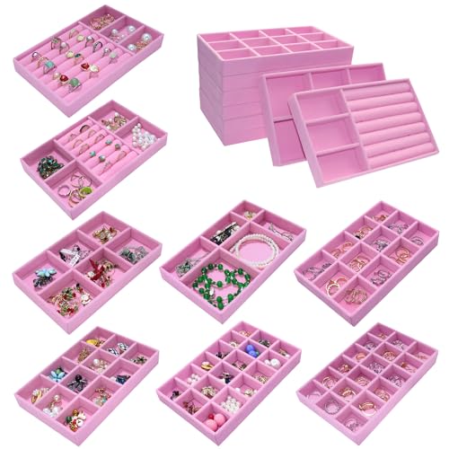 Jewelry Trays for Drawer Orgainzer Set of 8 Stackable Velvet Jewelry Organize Display Storage Box Earring Showcase Dresser Drawer Organizer for Earring Necklace Bracelet Ring - color: PINK, size: Large
