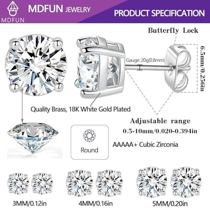 18K White/Yellow Gold Plated Stud Earrings for Men Women 4 Prong Graduated Round Clear Cubic Zirconia Hypoallergenic Earrings Set 3-8MM - color: White Gold Plated, size: Pack-3/4/5MM