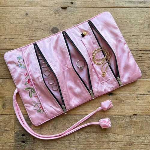 Travel Jewelry Bag Roll Embroidered Flower Bird Brocade Pink Organizer Pouch Case for Traveling Necklace Holder Rolls Tie Close Storage Accessories