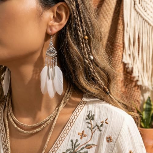 FRESHME Feather Earrings for Women - Native American Jewelry Boho Dangle Ethnic Indian Ear Drop for Music Festival Birthday - color: White