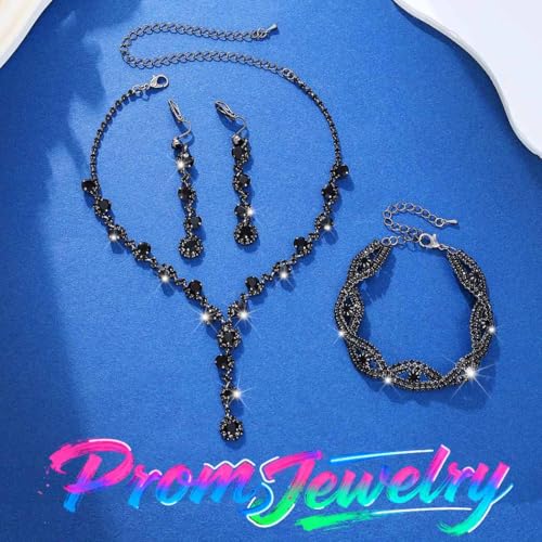 Sixexey Rhinestone Jewelry Set Bridal Necklaces Clip On Earrings Set Wedding Prom Jewelry Accessories for Women - color: Black