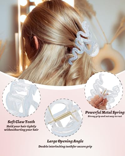 4PCS Large Claw Clips for Thick Hair, Large Acrylic Hair Clips | Modern Marble Geometric Design, Non-Slip Secure Hold for Long Hair, Buns, Updos and Everyday Styling - color: Wave-White + Pink + Blue + Cyan
