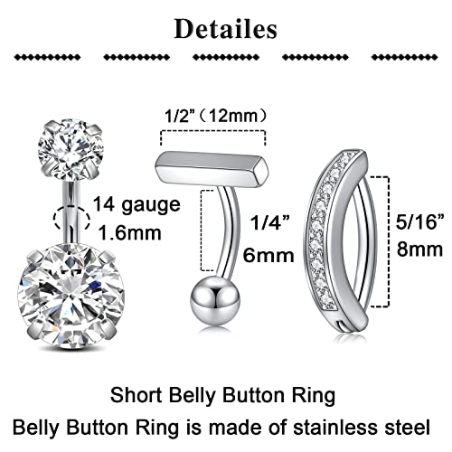 QWALIT Belly Rings - Short Bar Belly Button Rings in Surgical Steel with Opal Stones - 6mm & 10mm - color: A11-Silver- short 6mm -6pcs