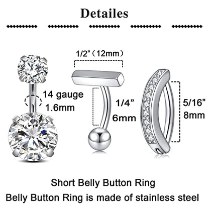 QWALIT Belly Rings - Short Bar Belly Button Rings in Surgical Steel with Opal Stones - 6mm & 10mm - color: A11-Silver- short 6mm -6pcs