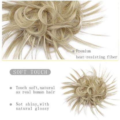 HMD Tousled Updo Messy Bun Hair Piece for Women Synthetic Hair Extension | Messy Bun Hair Piece with Elastic Scrunchie Synthetic Tousled Updos Ponytail Hairstyles for Daily Wear - color: 85/613#Ash Blonde Mix Bleach Blonde