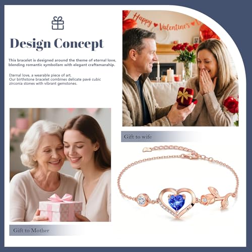 1CT Rose Heart Birthstone Bracelet for Women Love Gift - style: 09-Sept Sapphire Rose Gold