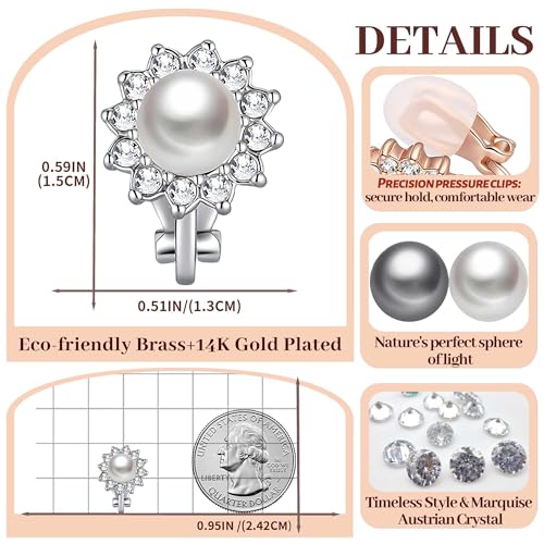 Pearl Clip On Earrings for Women, Austrian Crystal Halo | 14K Gold-Plated Finish, Comfortable Clip-On Fit, Non-Pierced Earrings, Soft Silicone Pads Included, Gift Box Included - color: White Pearl /Silver-Tone