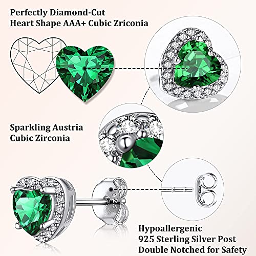 Bestyle Sparkling 925 Sterling Silver Birthstone Stud Earrings for Women, Heart/Round/Teardrop/Square Solitaire Diamond Studs Earrings, Great Birthday/Christmas Gifts - style: 05.Green Emerald-May-heart