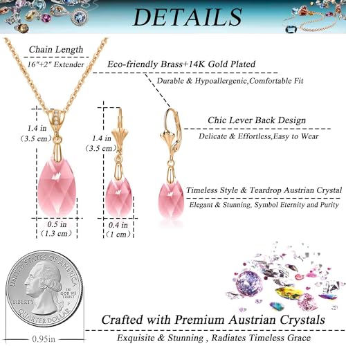 Austrian Crystals Teardrop Pendant Necklace Earrings for Women 14K Gold Plated Hypoallergenic Leverback Drop Dangle Earrings Jewelry Set - color: Pink