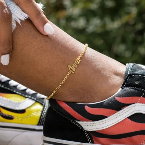 Custom Ankle for Women for Women 18K Gold Plated Adjustable Name Anklet Customized Beach Anklet Gifts - color: Name Anklet with Cable Chain