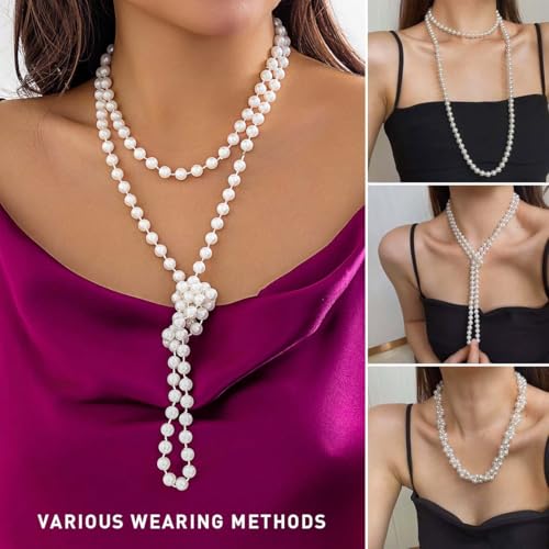 Long Pearl Necklaces for Women Faux Pearl Strand Necklace Statement Beaded Necklaces 1920s Gatsby Costume Jewelry - color: White