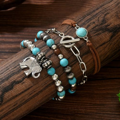 LOTSOF Western Turquoise Beaded Bracelet, Chic Stack Beaded Western Style for Country Concerts, Cowgirl Outfits & Boho Jewelry - color: Elephant Style