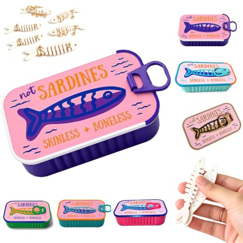Sardines Travel Jewelry Box, Sardine Tin Jewelry Box, 3d Printed Sardine Tin Like Jewelry Case, with Fish-Shaped Holders for Earrings and Charms, Portable Earring Organizer (Plus size-F-6 Fishbones) - color: Plus size-F-6 Fishbones
