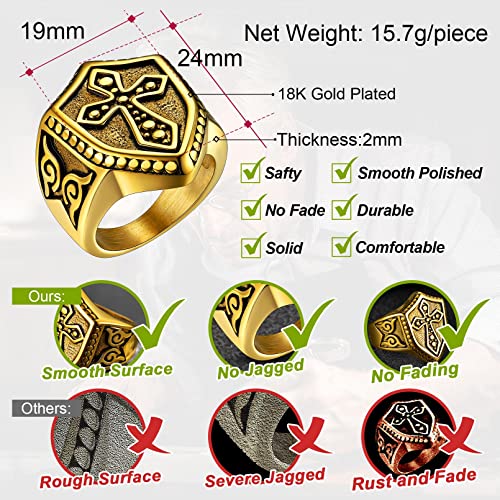 FaithHeart Mens Stainless Steel Crusader Jerusalem Cross Ring with 18K Gold Plated Two Tone Ring Size 7,8,9,10,11,12 - color: 08. Shield-Gold(Custom)