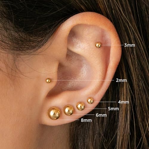 6 Pairs Hypoallergenic Flat Back Earrings for Women Girls,Stud Earring Set | Cartilage Earrings for Sensitive Ears,Cubic Zirconia Ball Pearl Earring,Screw Back Helix Conch Piercing Sets,Jewelry Gifts - color: Ball-14K-Gold-Plated