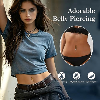 3-12 Pcs 14G Belly Button Rings Belly Rings for Women CZ Opal Navel Rings Belly Piercings Jewelry Belly Barbells Stainless Steel Body Belly Button Piercing Jewelry - color: Gold-Dangle/Clicker Belly Hoop-2pcs