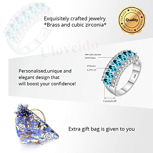 Uloveido Beautiful Women's 7 Stones Wedding Band Oval Cubic Zirconia Engagement Anniversary Rings J501 - color: Platinum-Light Blue