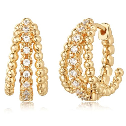 MEVECCO Chunky Huggie Hoop Earrings for Women Starburst Beaded Styles | 18K Gold Plated Brass, Triple Or Single Cubic Zirconia Star Details, Graduated Rounded Profile, Front Stone Row - style: Slit Bead