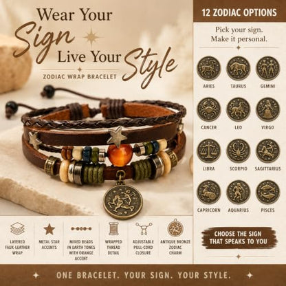 Zodiac Bracelet for Men Women, Adjustable Faux Leather Braided Wrap Bracelet with Vintage Astrology Charm, Gift Jewelry - style: Sagittarius