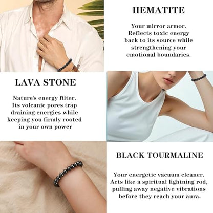 4mm 6mm 8mm Healing Crystal Bracelets for Women Men Natural Stone Beaded Stretch Bracelet Handmade Gemstone Reiki Spiritual Jewelry Gifts - color: Tourmaline+Lava+Hematite-Empath Protection, size: 8mm