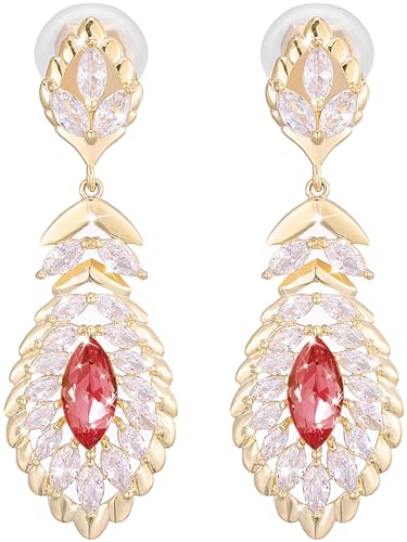 Clip On Crystal Dangle Non Pierced Earrings for Women 14K Gold Plated Jewelry - color: Jul-Ruby-14K Gold