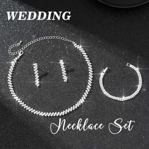 Aukmla Bridal Jewelry Set Silver Sparkly Choker Wedding Necklace Bracelet Earring Sets Prom Necklaces for Women and Brides - color: Silver