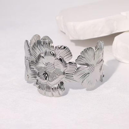 YWMAN Silver Flower Cuff Bracelet, Metallic Floral Chunky Bracelet for Women - color: Flower 4