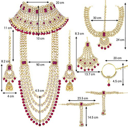 Aheli Traditional Wedding Indian Bharatanatyam jewellery set Long Choker Necklace Earrings Maang Tikka Nath Paasa Hath Phool for Women - color: Rani Pink
