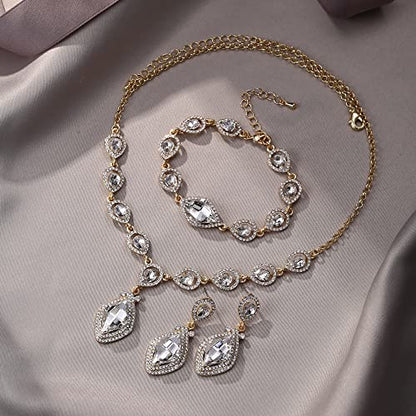 EVER FAITH Bridal Wedding Crystal Marquise Teardrop Pendant Necklace Earrings Bracelet Set for Prom - color: Clear Gold-Tone