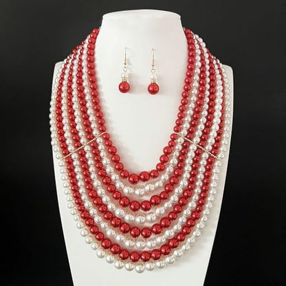 Multilayer Strand Chain Faux Pearls Flapper Beads Cluster Long Choker Necklace - color: Red Necklace
