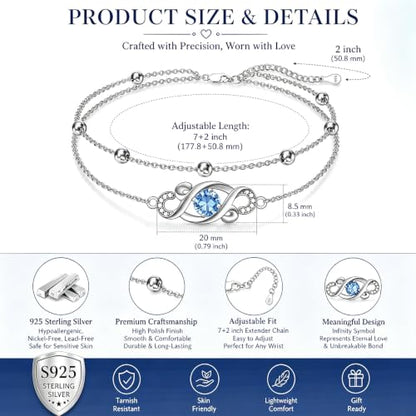 Dorunmo Birthstone Infinity Love Bracelet for Women 925 Sterling Silver Sparkling Gemstone Double Layered Adjustable Bracelets Birthday Jewelry Gifts for Mom Women - color: 12-Dec-Topaz