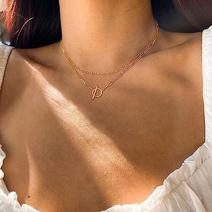 CHESKY 14K Gold Plated Layered Chain Necklace for Women | Trendy Cuban Link Chain, Chunky Paperclip Chain, Toggle Clasp Necklace, Fashion Gold Jewelry, Daily Gift for Women - style: Paperclip Figaro-GD