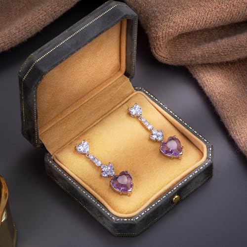 Crystal Heart Teardrop Dangle Earrings for Women Hypoallergenic Multicolor Cubic Zirconia Drop Earrings for Wedding Prom Party Daily Wear - color: Purple Heart