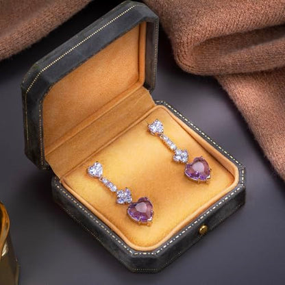 Crystal Heart Teardrop Dangle Earrings for Women Hypoallergenic Multicolor Cubic Zirconia Drop Earrings for Wedding Prom Party Daily Wear - color: Purple Heart