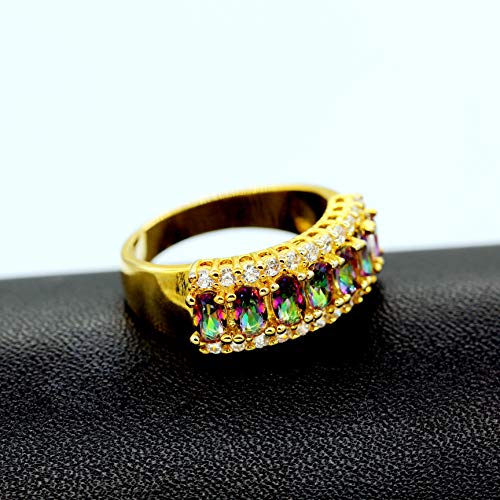 Uloveido Beautiful Women's 7 Stones Wedding Band Oval Cubic Zirconia Engagement Anniversary Rings J501 - color: Gold-Multi