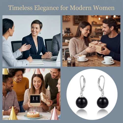 Pearl Leverback Earrings for Women Dangle Round Gemstone Earrings Birthstone Jewelry Gift Anniversary for Her - color: 18 Black agate
